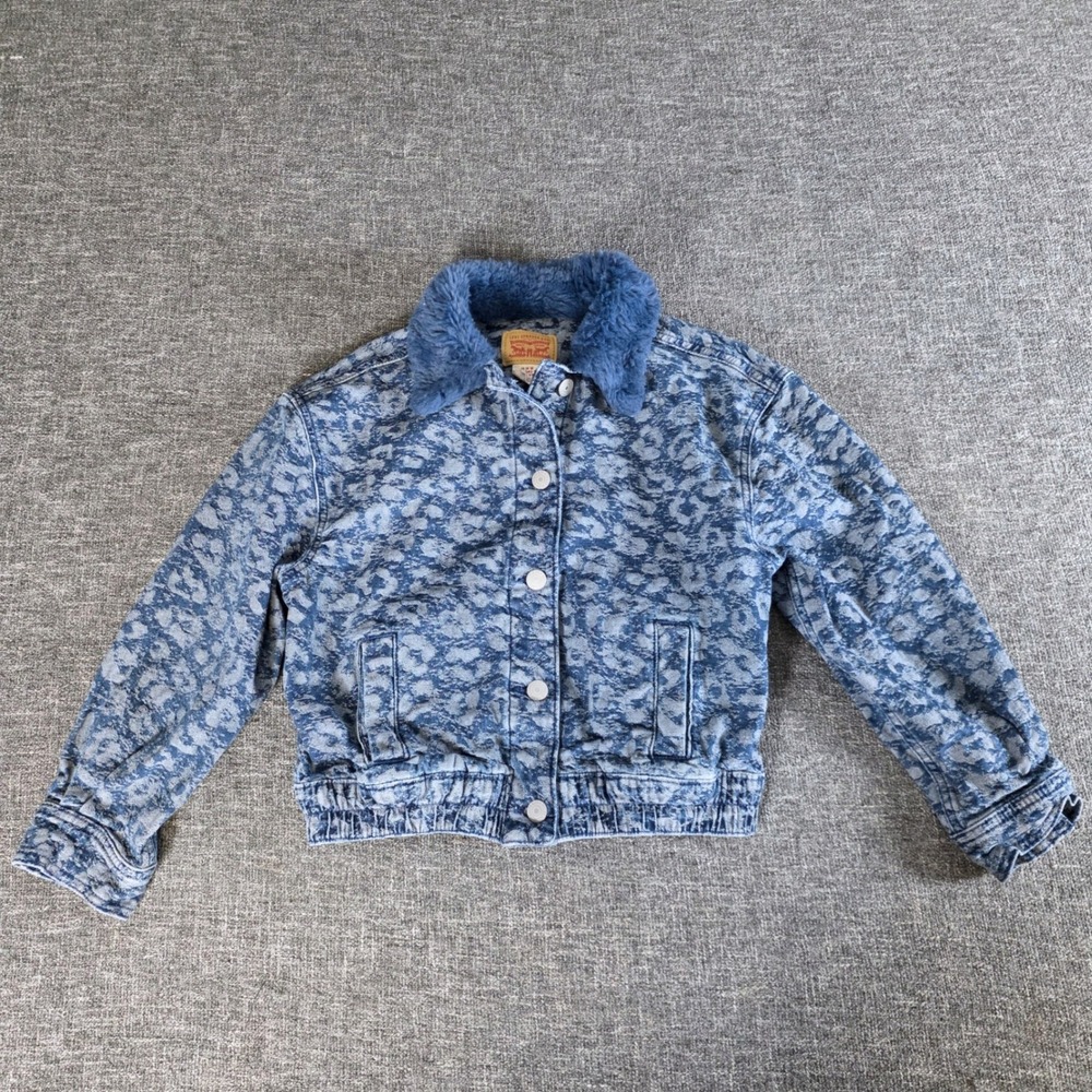 Levis Girls Blue Leopard Print Denim Jacket Faux Fur Collar Size M 10-12 YRS